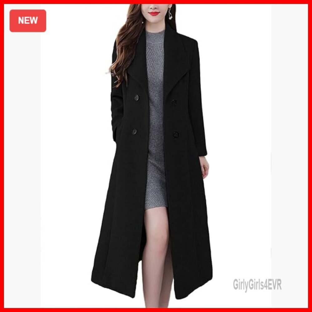 Maxi Long Wool Blend Pea Coat Shawl Collar Double Breasted Trench Overcoat